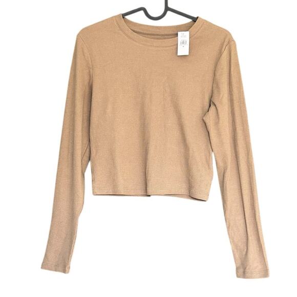GAP Women’s Crewneck‎ Ribbed Cropped Long Sleeve Tee in Tan Brown-Size M - Picture 1 of 5